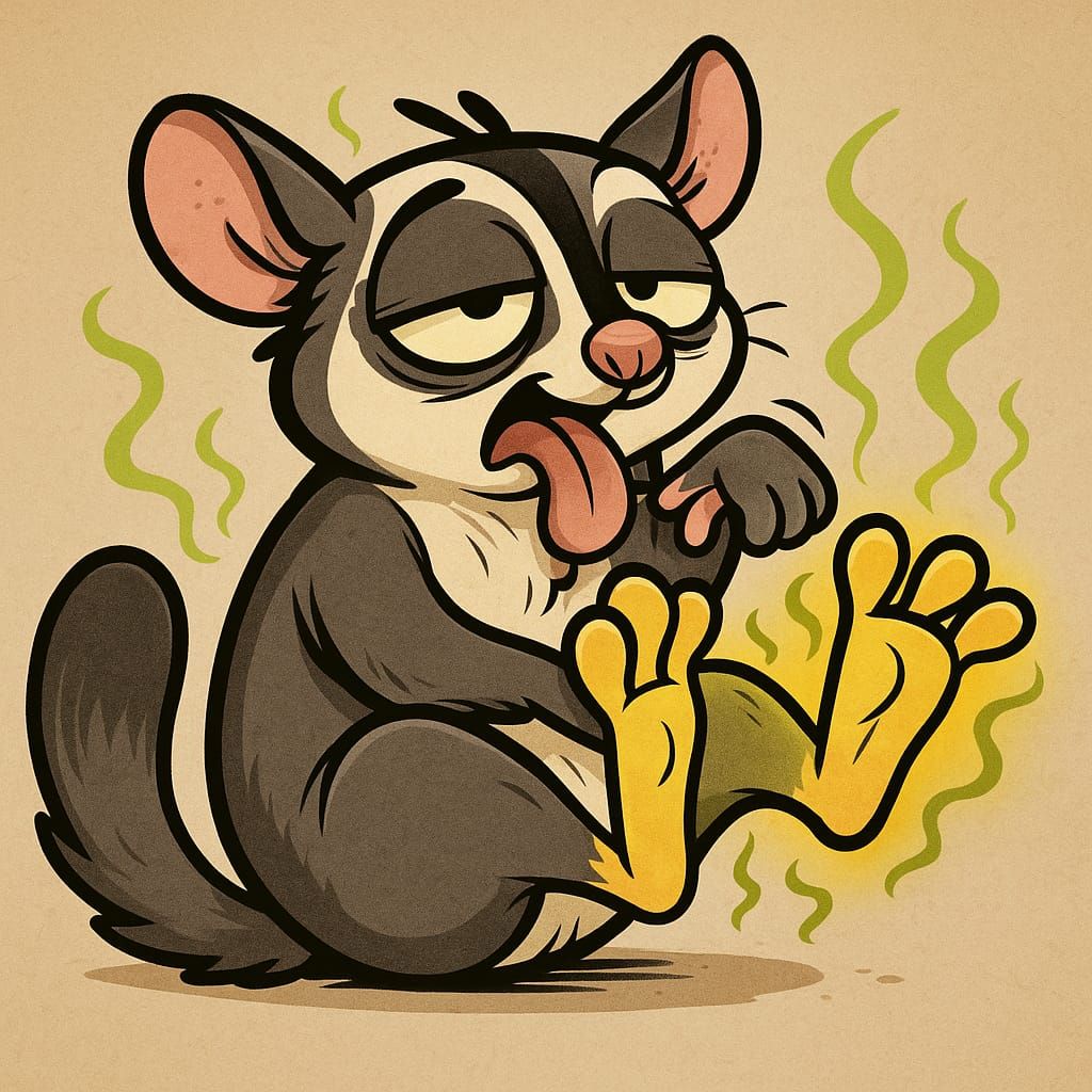 A sugar glider with stinky feet.