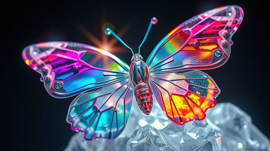 A breathtaking vision of a butterfly made of pure crystal, its wings translucent and shimmering like ...  by @Lenhudiel
