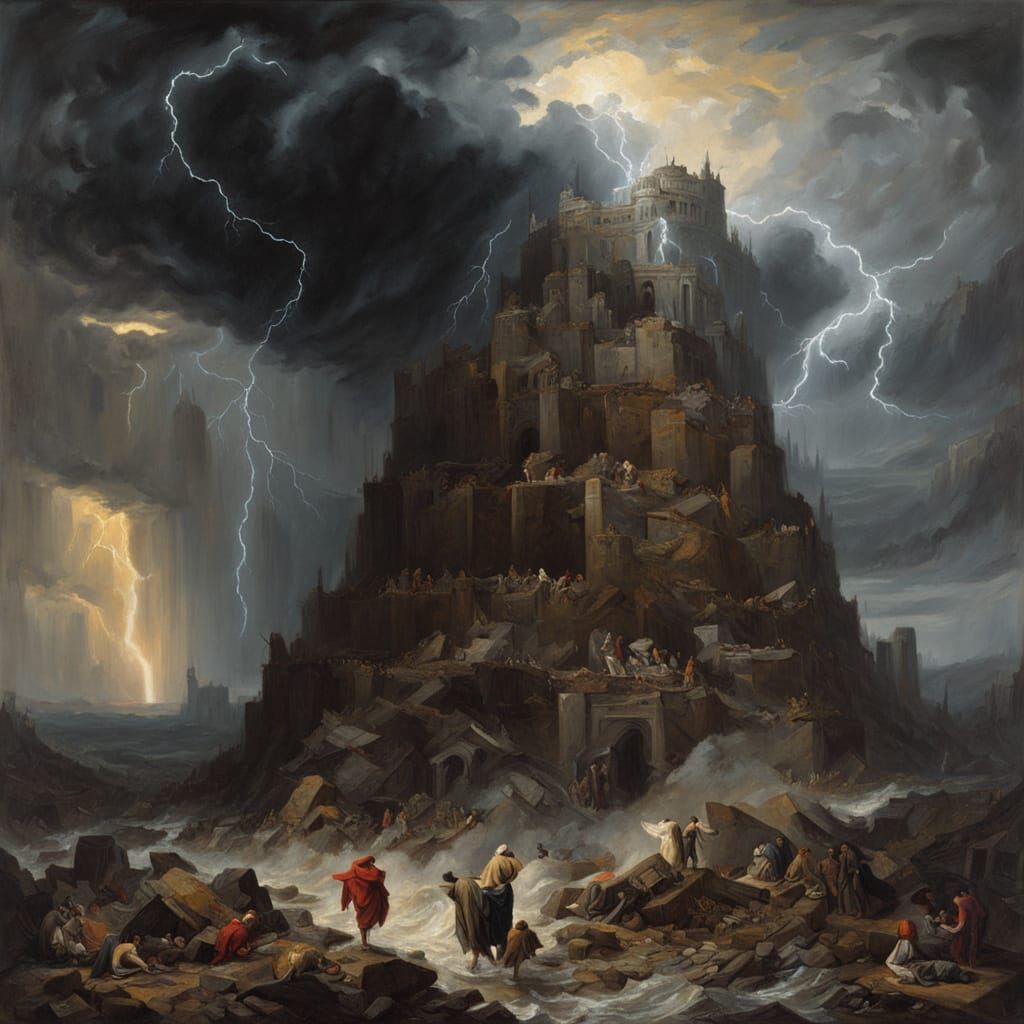 The Tower of Babel under construction, divine storm gathering above, lightning splitting the sky as confused workers argue in different tong...