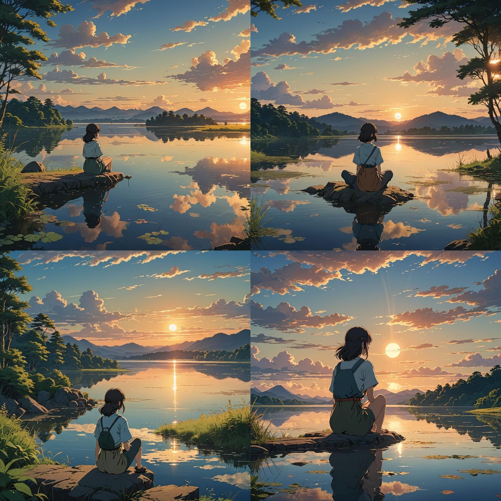 Beautiful woman sitting at the edge of the lake while lookin...