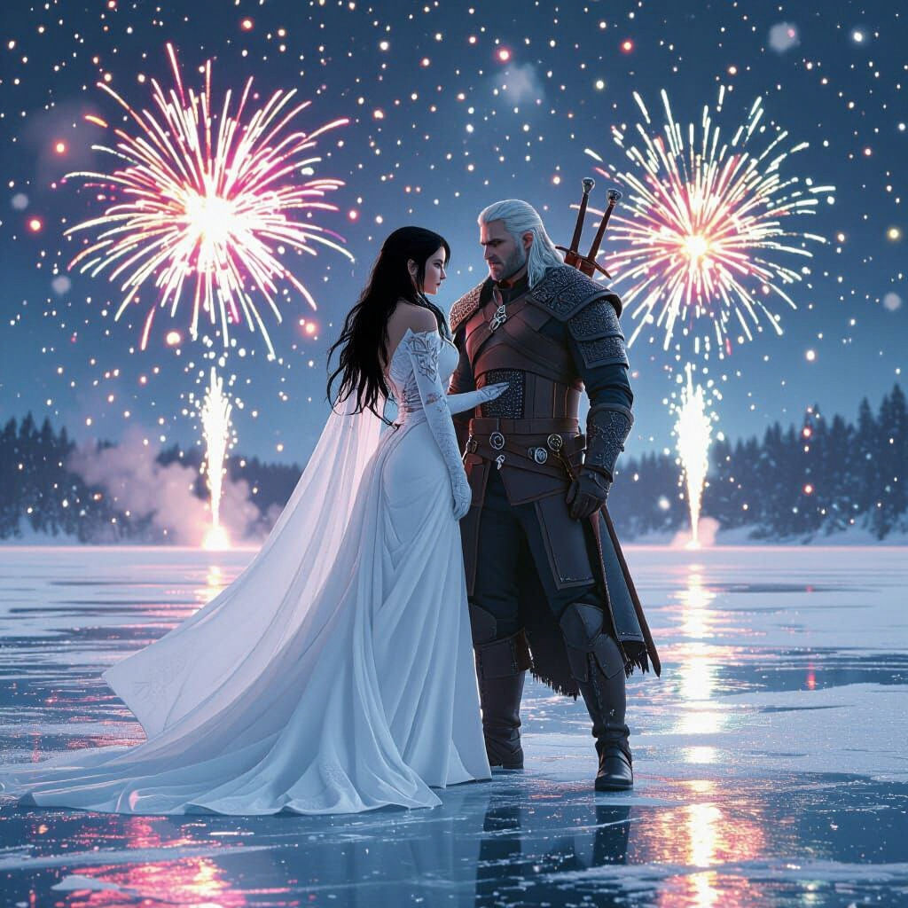 Goddess of ice and fireworks with the flashing lights on the ice. With She husband  who is look as Witcher. But with the...