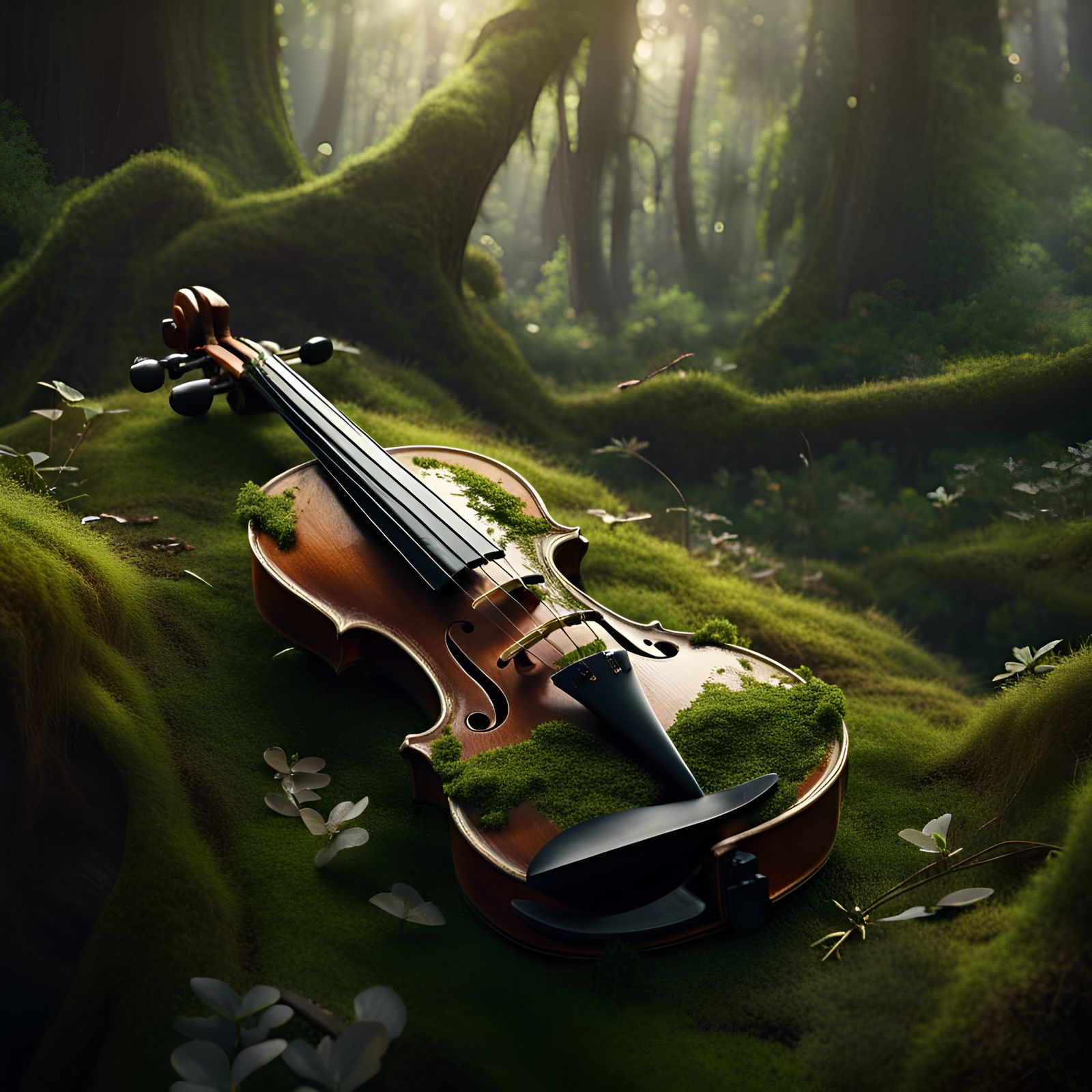 A captivating photorealistic image featuring a violin overgr...