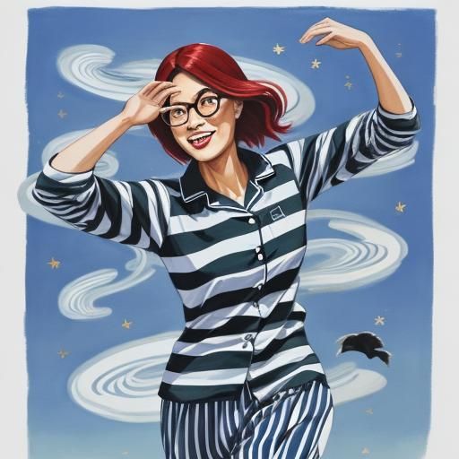 Ethereal Woman in Striped Flannel Dancing within a Vibrant Y...