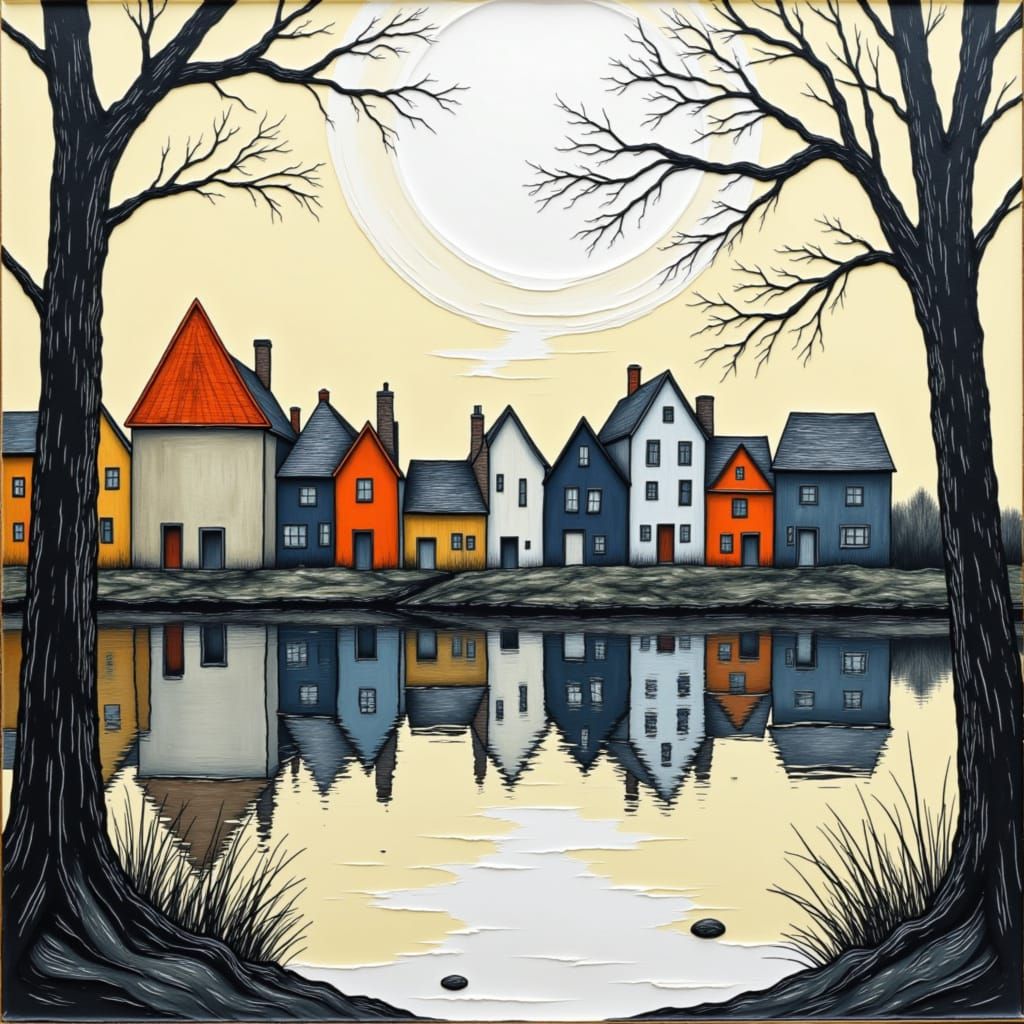a cozy village by the lake, abstract minimalism, <lora:Abstract minimalism:1.0> <lora:Modern Art:1.0> 
