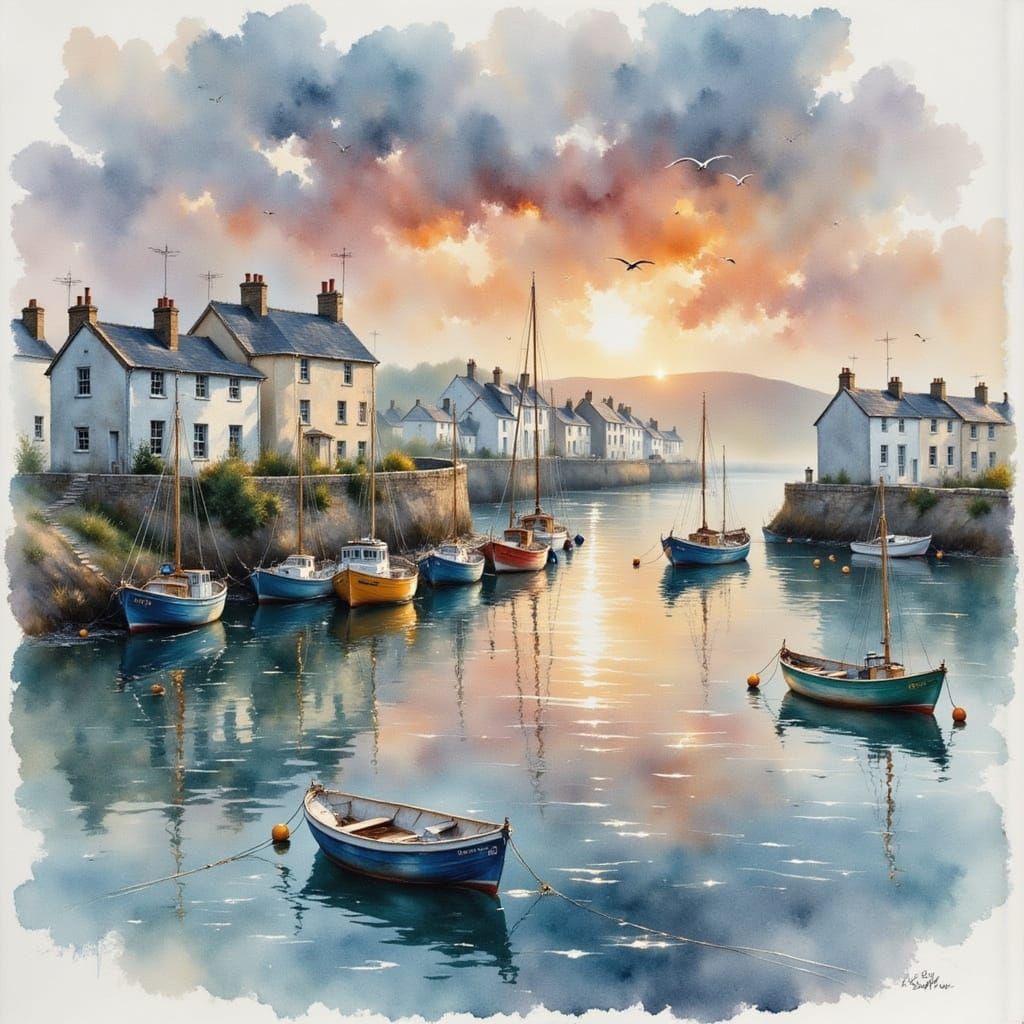 Watercolor Cornish Harbour at Dawn in Impressionist Style
