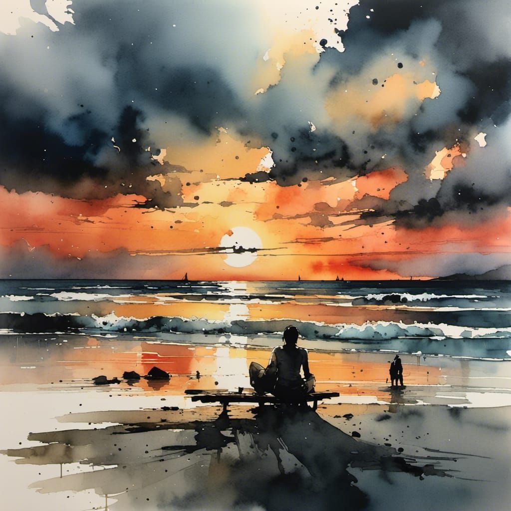 Beach sunset. <lora:WC Chiaroscuro:0.5> <lora:Asian android:...