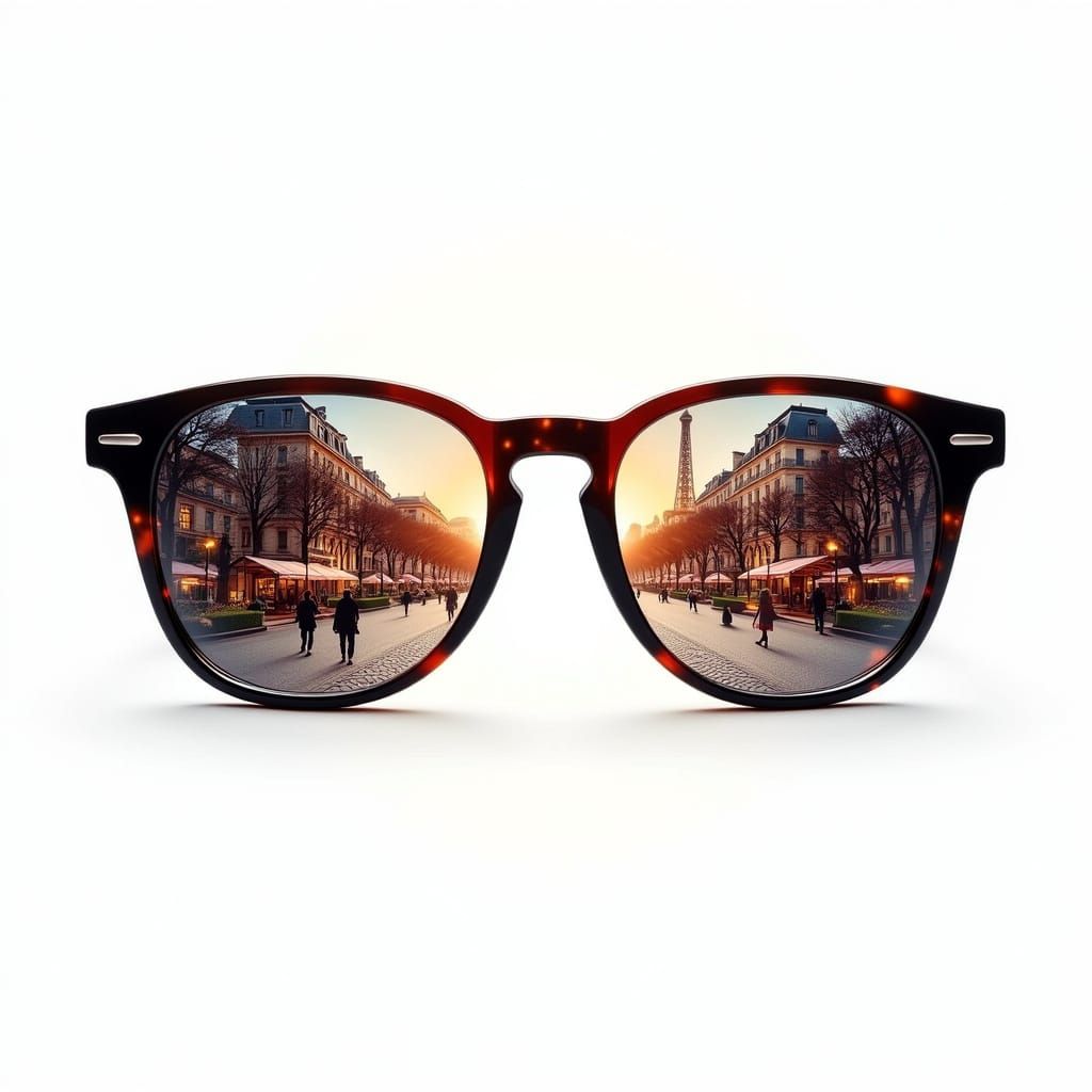 <lora:inlaid:1.0> The outline of a sunglasses consists of a panorama of the Champs Elysees. Outside the outline there is a white blur, Doubl...