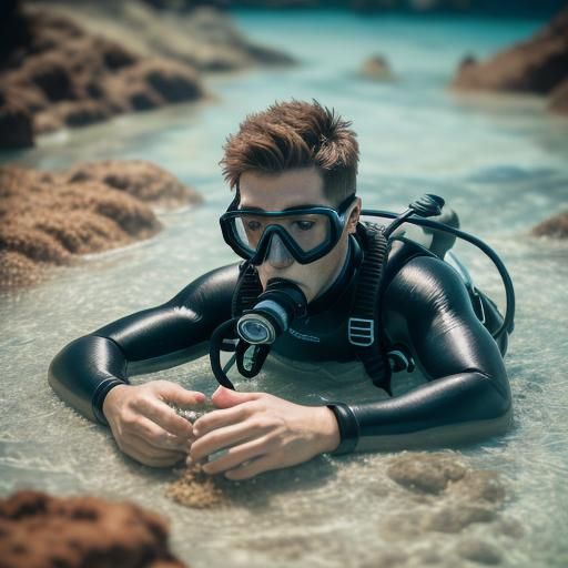 Hot male Scuba Diver sinking in Quicksand.
