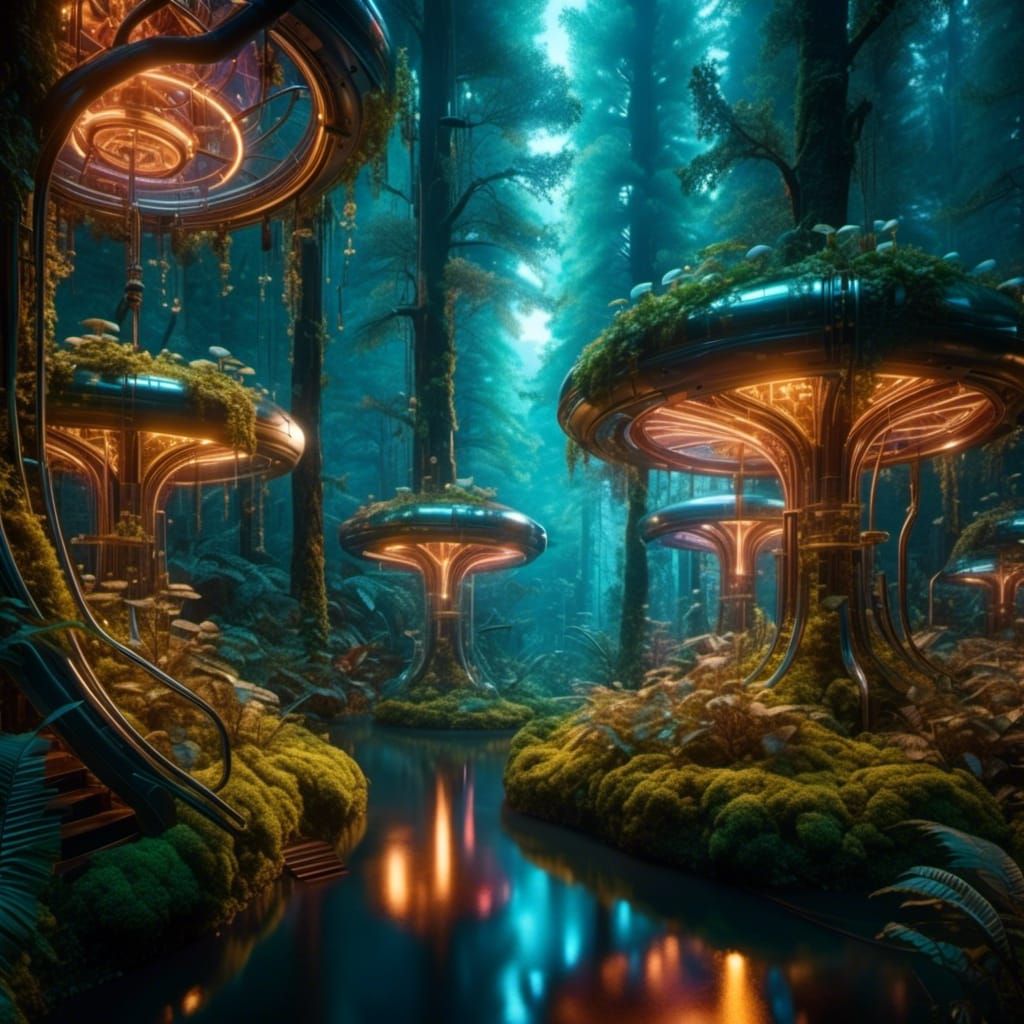 realism, <lora:Cybernetics:1.0> a cyber forest, soft glow,