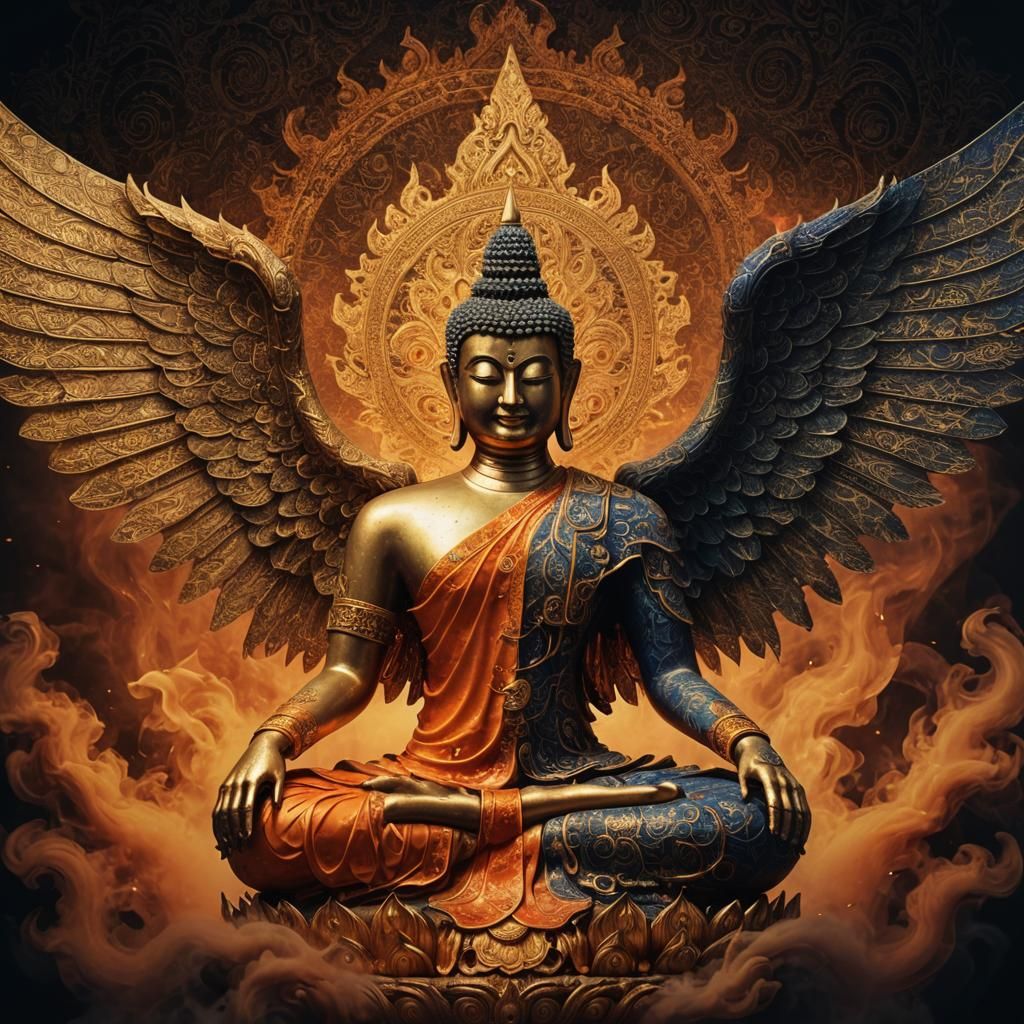 Concept (figure) full body of a Buddha and half body is a De...