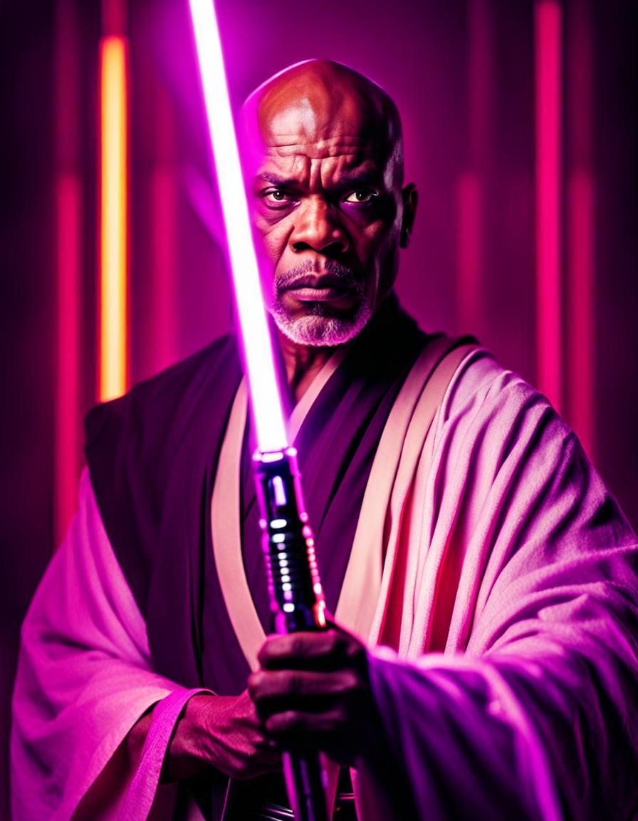 Colourful neon negative filter, Mace Windu jedi master holdi...