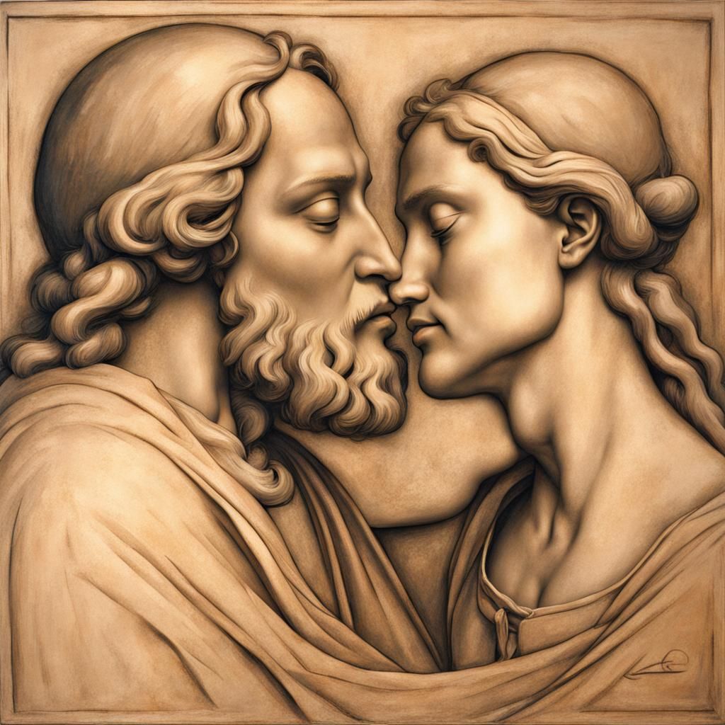 "The Kiss" the style of 
Leonardo da Vinci