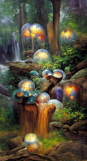 Enchanted forest, Forest, Mushrooms, Landascape, Waterfall