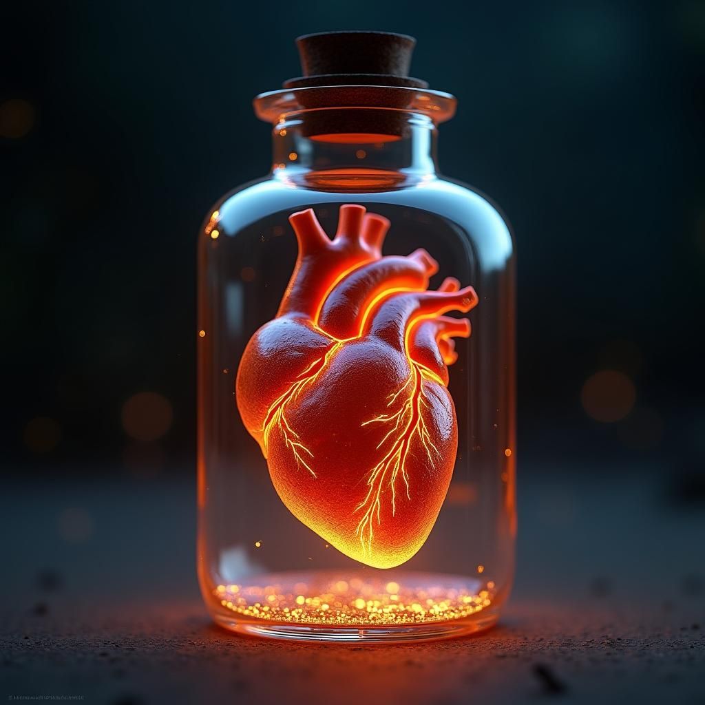The human heart made of transparent glass beating inside jar...