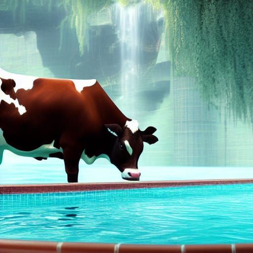 Cow in drinking from a pool in a futuristic water world
