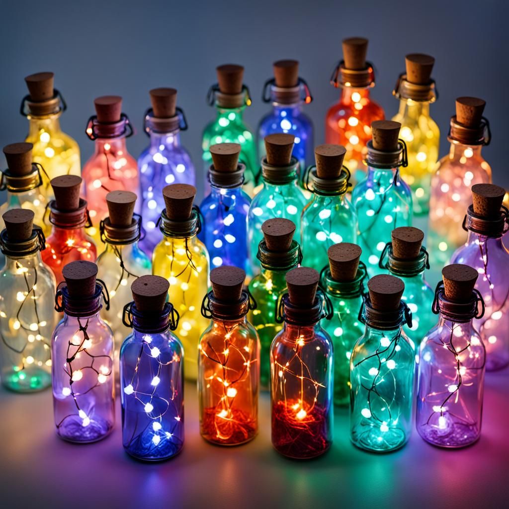 10 bottles with strings of tiny lights in  a lot of colors i...