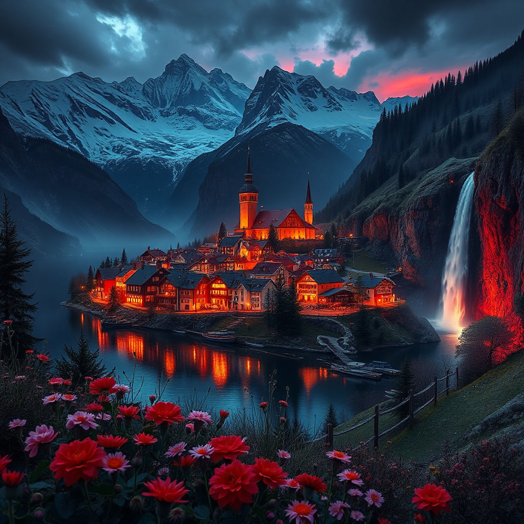 Small Town in Switzerland at Nighttime