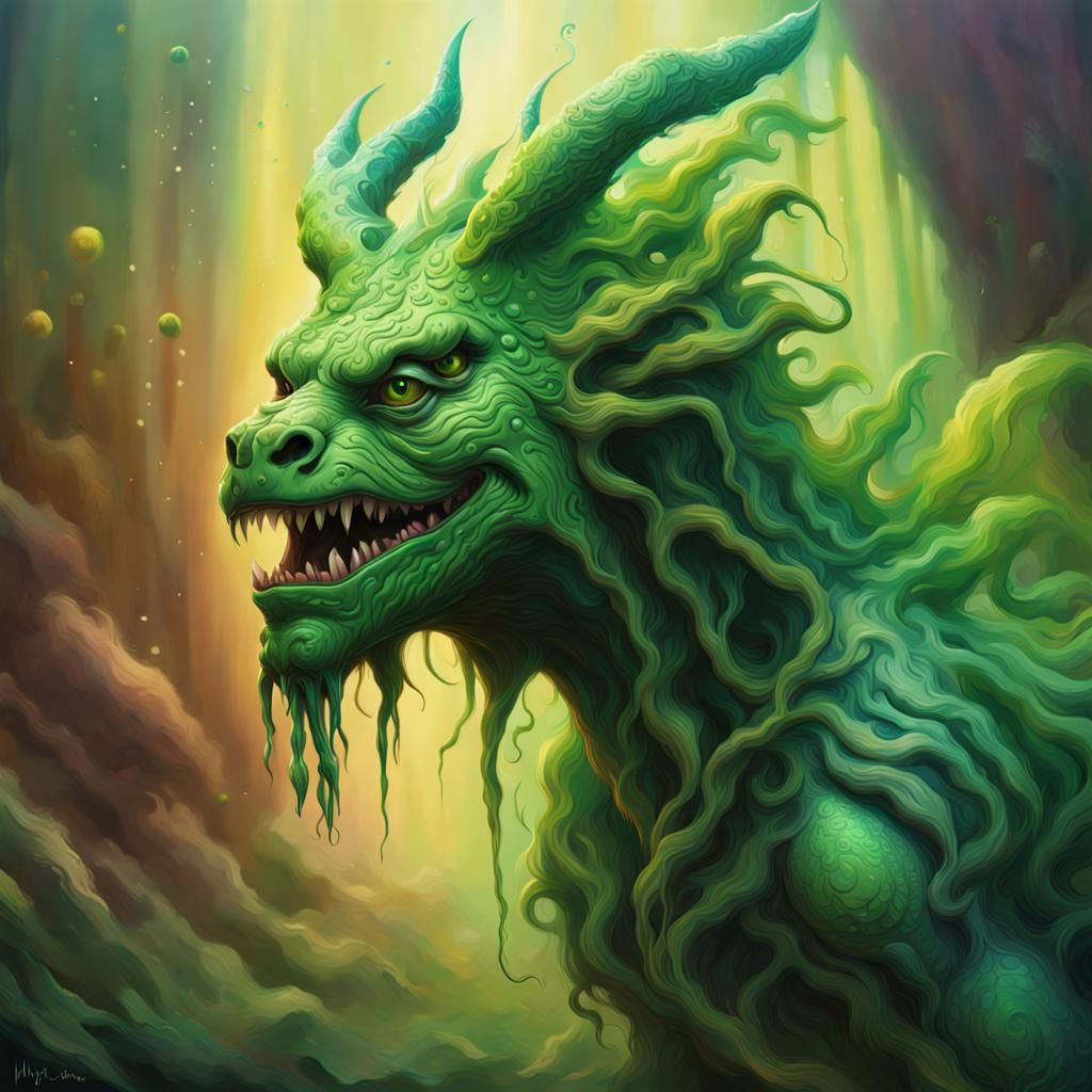 A mystical, green creature roaming a jugle, Hyperrealistic, ...