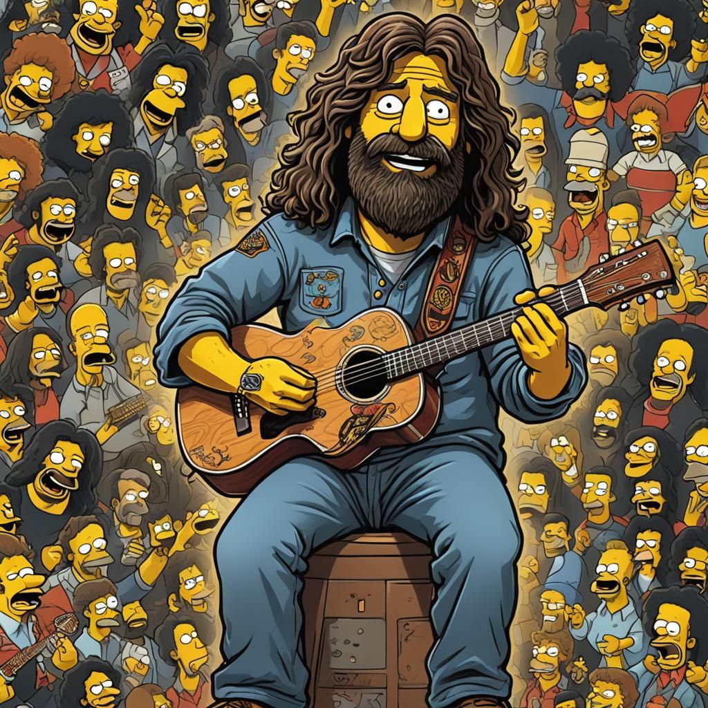 Mick foley in the style of the SIMPSON’s playing an acoustic...