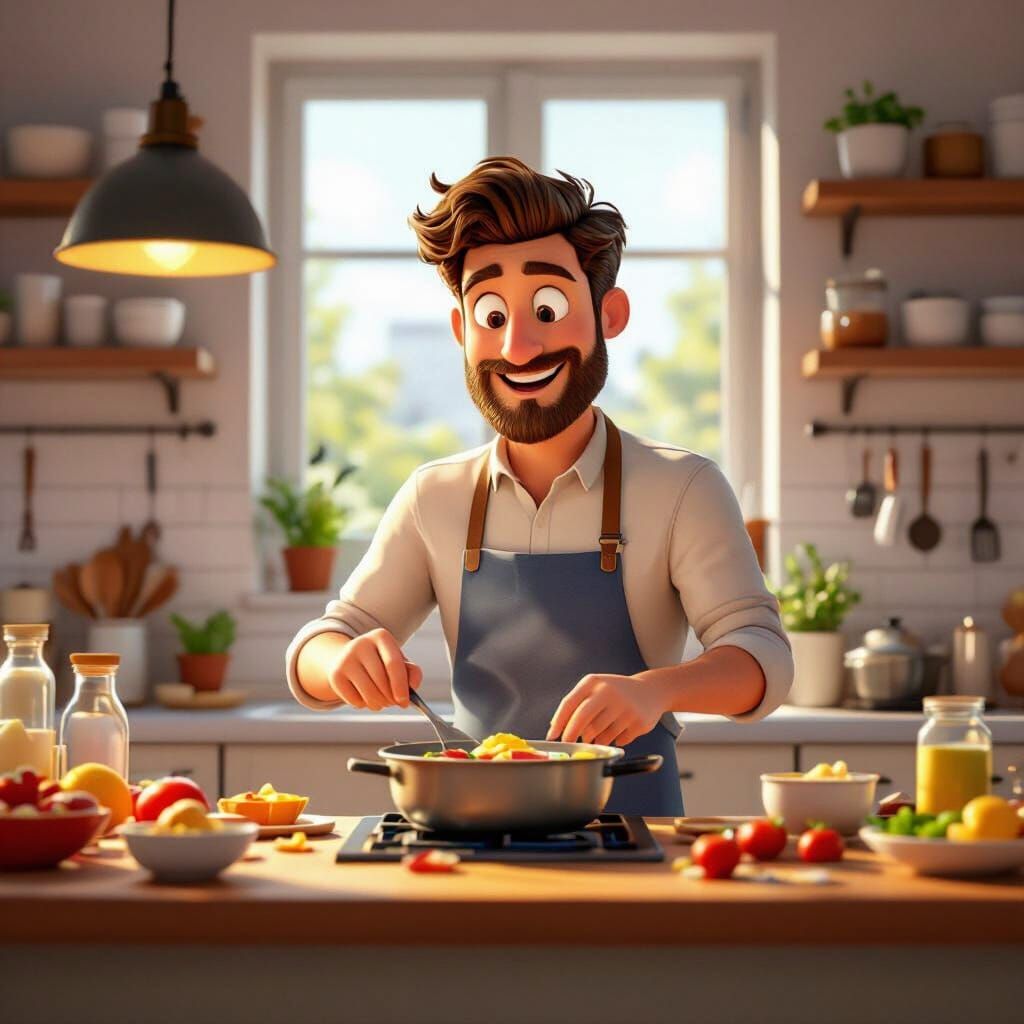 Чоловік готує обід у мультяшному 3D стилі