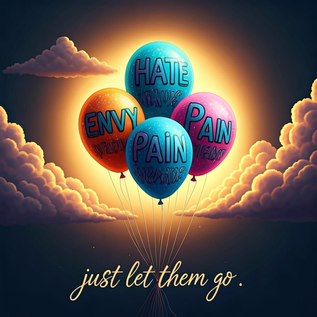 Floating Balloons with writing on them, "hate", "envy", Pain"," judgment"  "just let them go" written across the bottom of the image 