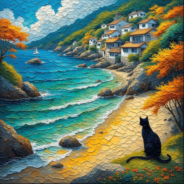 Black cat by the sea