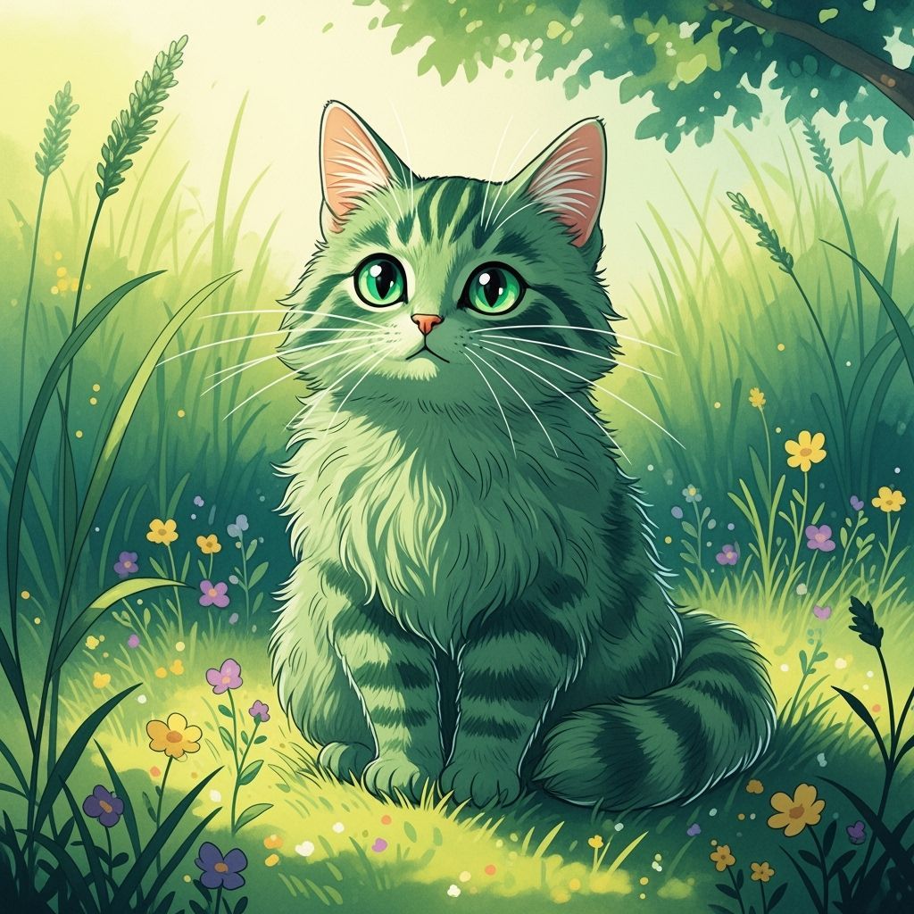 Adorable Green Cat in Lush Meadow