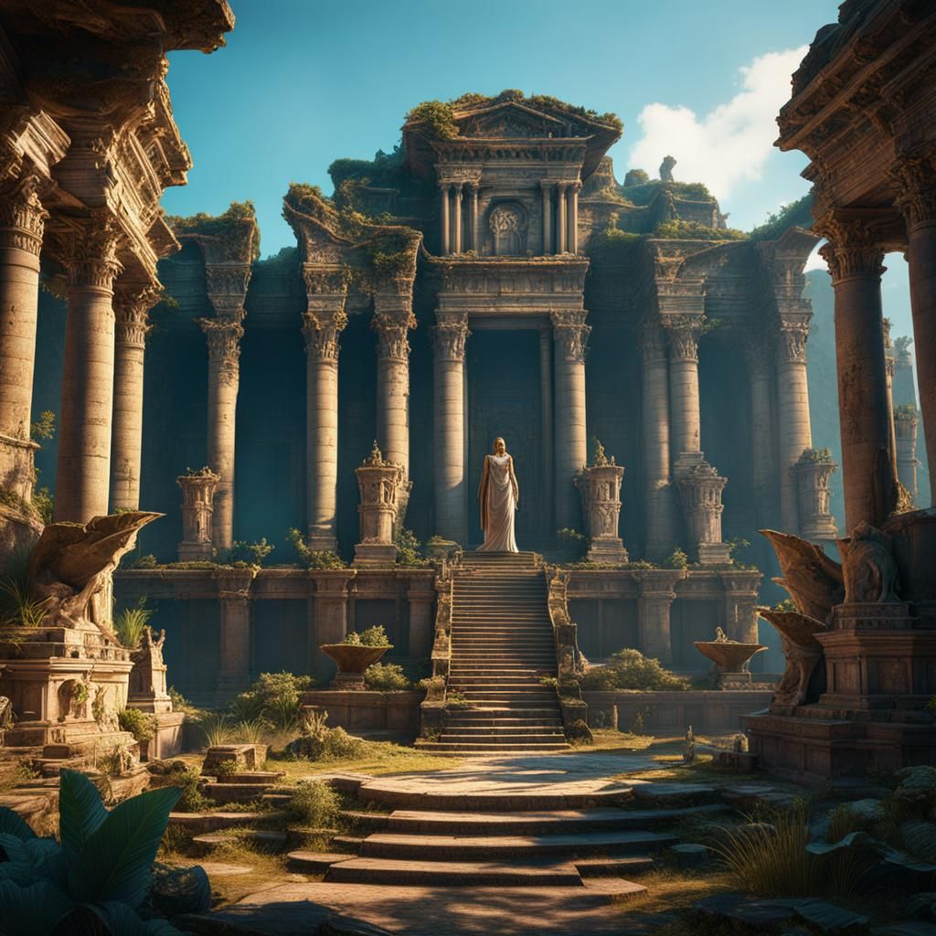 ruins of ancient city with statues of medusa - AI Generated Artwork ...