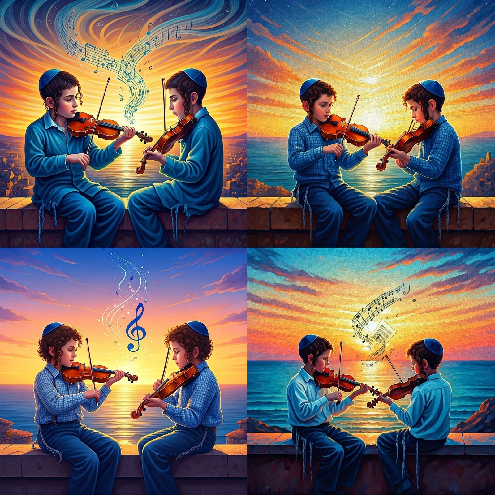 Sunset Duet: Jewish Children Playing Violins