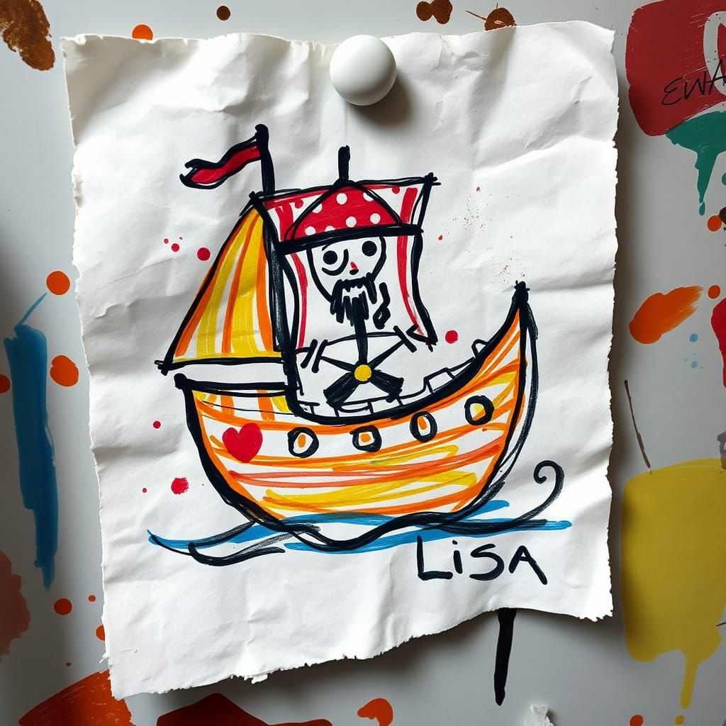 child-like drawing crude crayons scribbled pirate ship with a rakish pirate, rendered in smudgy, irregular ...  by @Raginhari