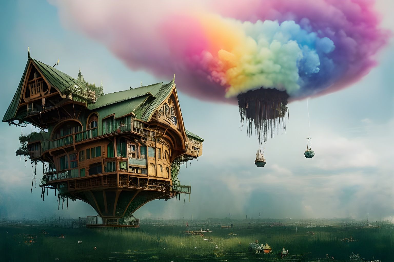 An anti-gravity village of floating Hobbit-Houses, rainbow f...