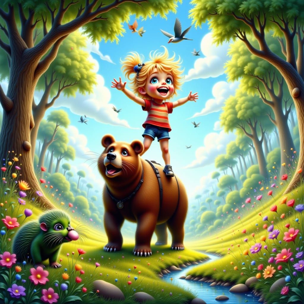 Epic coloured <lora:Fun-toon:1.0> a highly detailied toon girl with blonde spiky hair stand ona brown bear, grass and see directly on a gree...