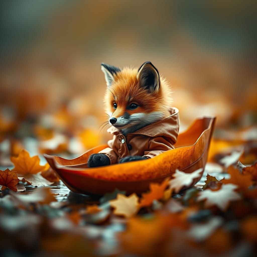 Cute fox sitting in a boat made of leaves  by @Gokiburi