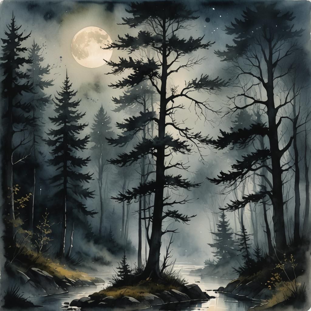a dark  foreboding wooded landscape, the moon light filtered...
