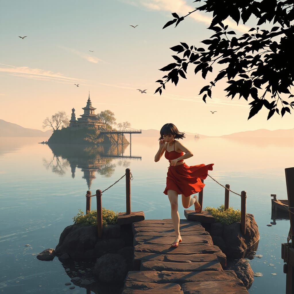 Kunoichi Thai Woman Running on Bridge Between Floating Islan...