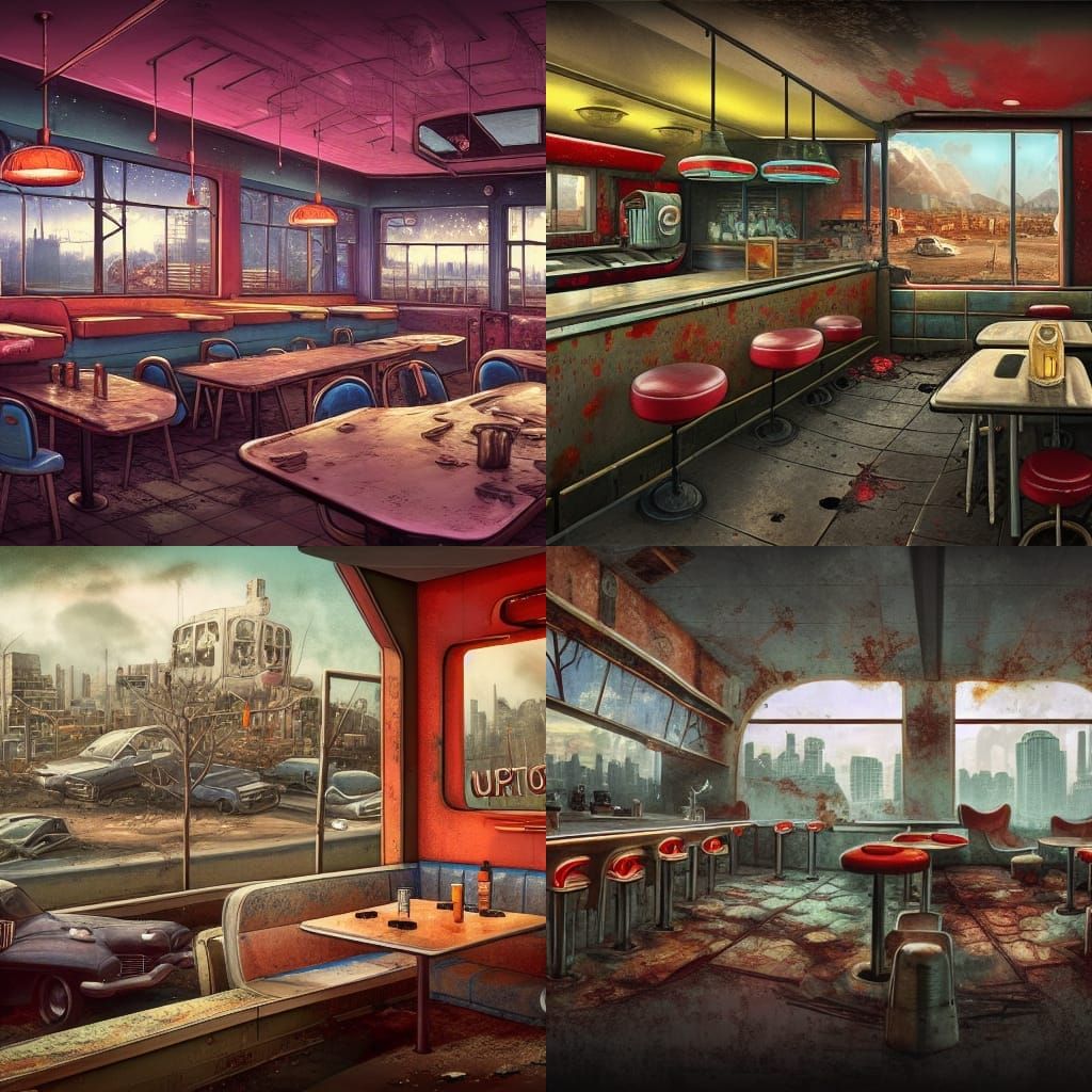 post apocalyptic abandoned retro diner interior with view of...