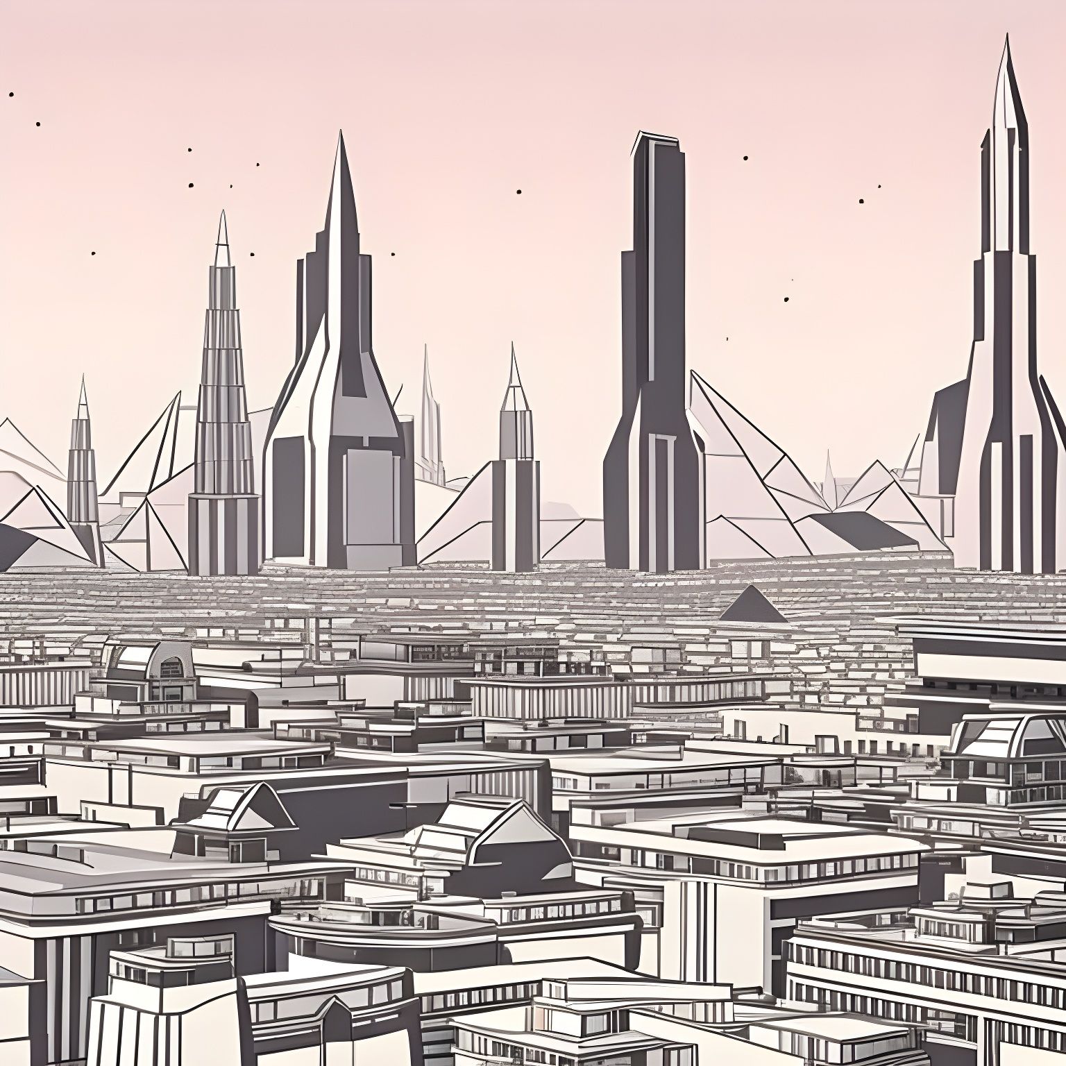 cityscape with futuristic architecture Clean inked lines and cel-shaded ...