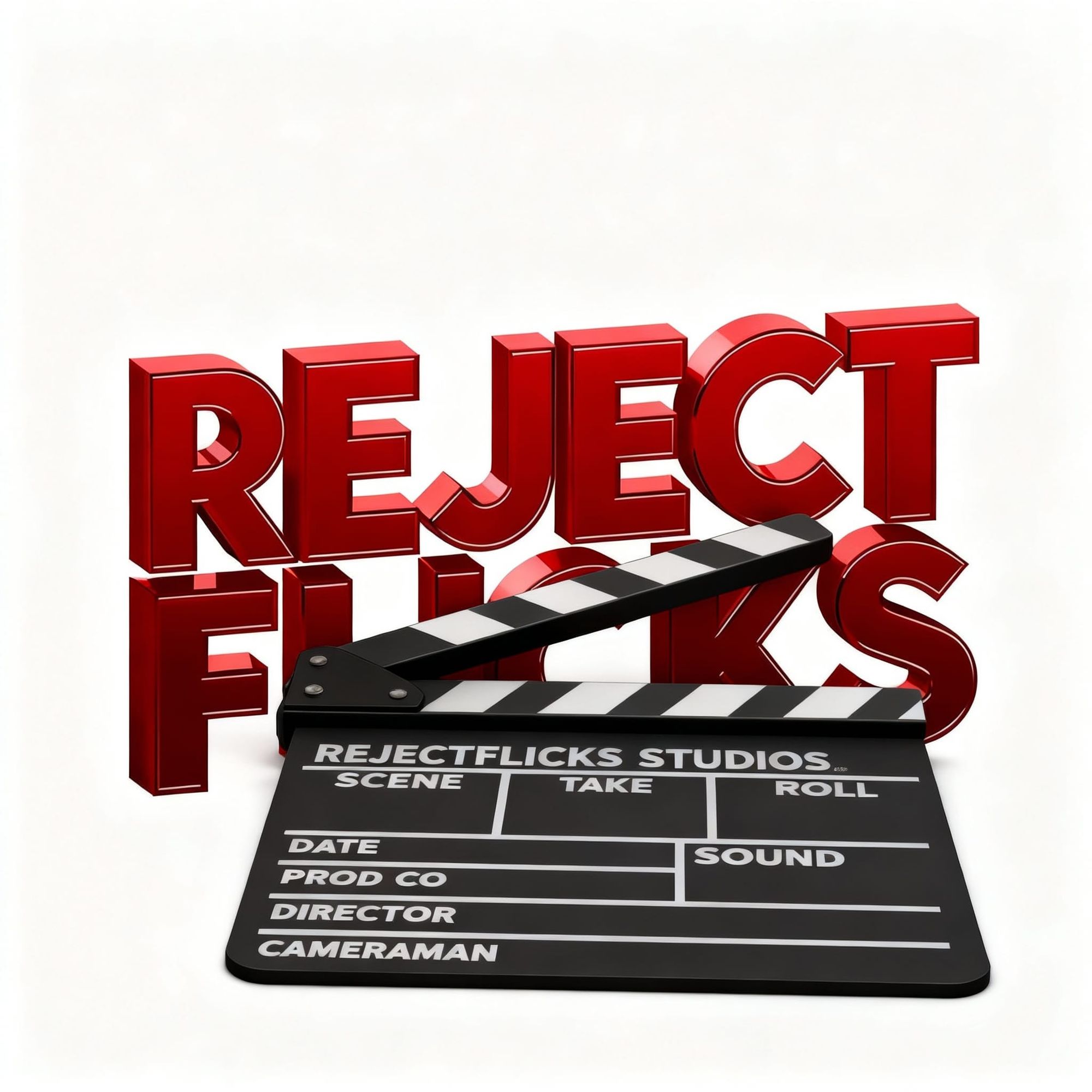 Add a director clapperboard laying face down, the clapperboard lays flat directly in front of the word mark, the length of the clapperboard ...