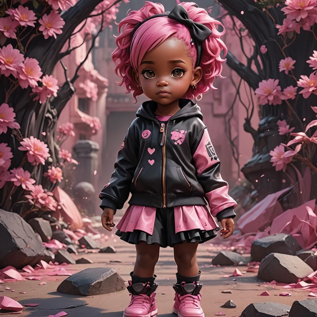 manga cute realistic black baby girl with pink hair and pink and black