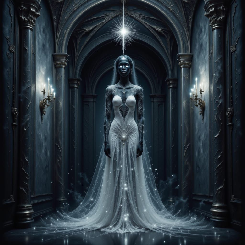 <lora:Celestial Intensity:1.0> Shimmering gothic ghost woman in a dark mansion hall, silver lights,  gothic renaissance oil painting, artist...