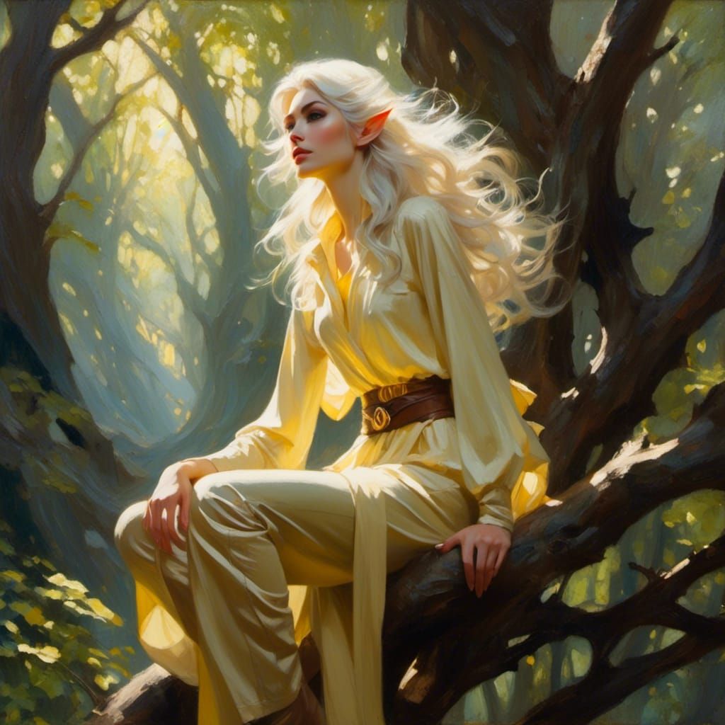 <lora:Elf Style 2:1.0> a painting of an elf woman  sitting in a tree in the forest, wavy white hair, wearing a light yellow tunic and beige...