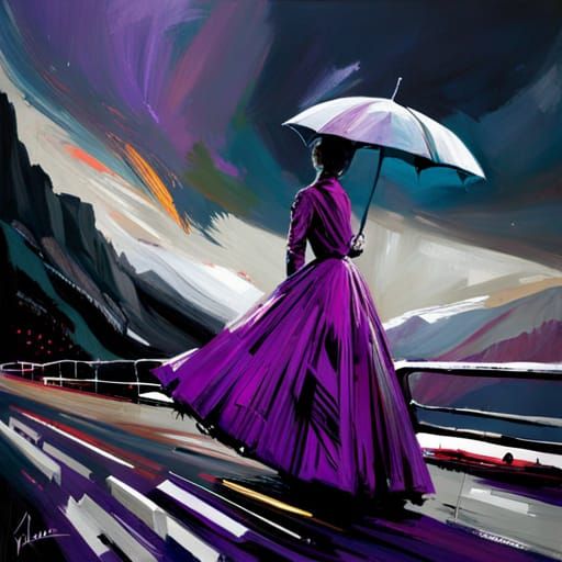 Maiden walking with an umbrella. Her dress is purple and ele...