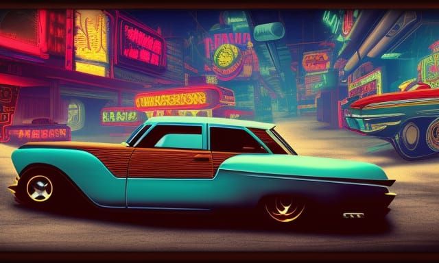 Retrofuturistic atomicpunk rockabilly hotrod in cyberpunk co...