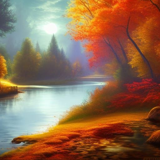 hyperdetailed realistic colorful autumn woods river bend, falling ...