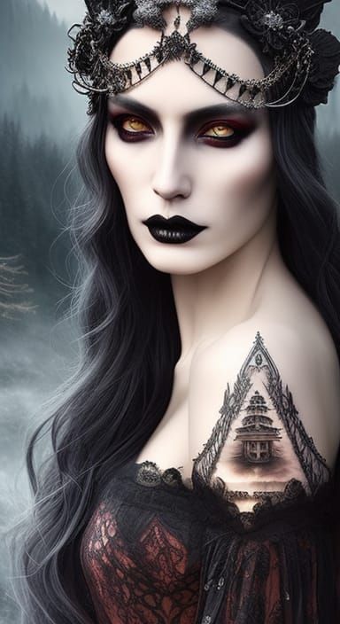 Gothic Witch with Intricate Tattoo in Vaporwave Style
