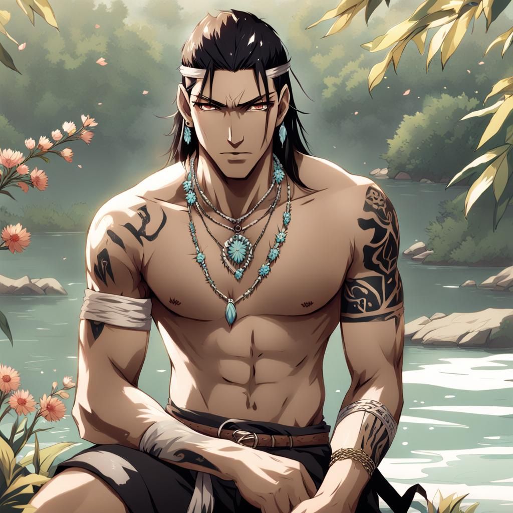 native american, male, handsome, buff, necklace choker, brow...