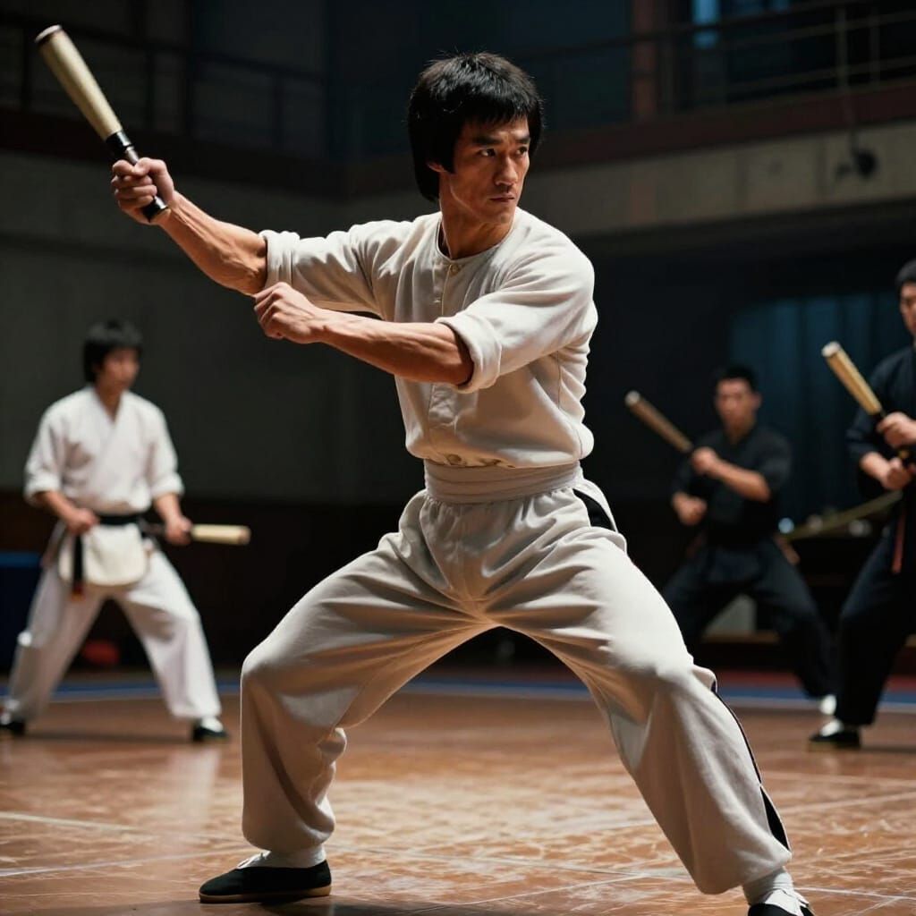 Bruce Lee in Dynamic Action with Nunchucks
