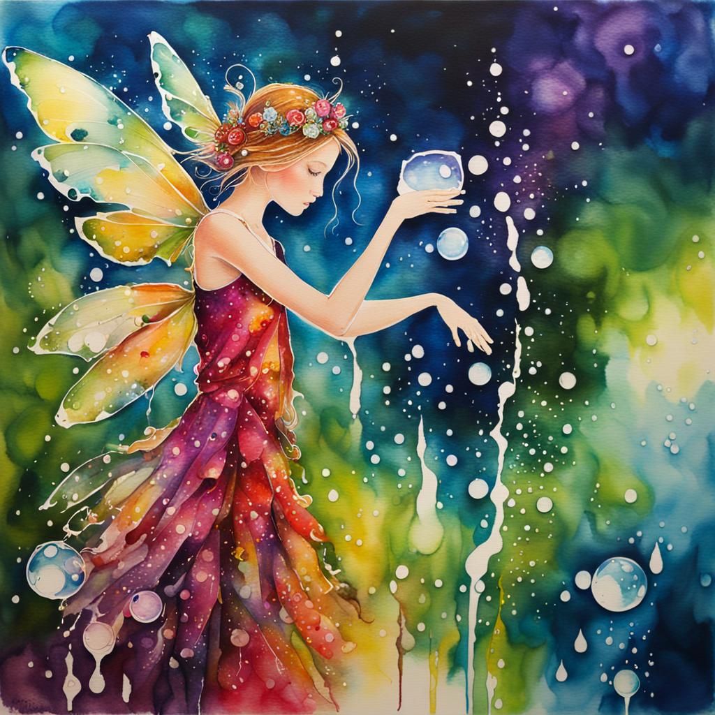 Beautiful fairy, (oil and water) watercolors, fluid acrylics, wet wash ...