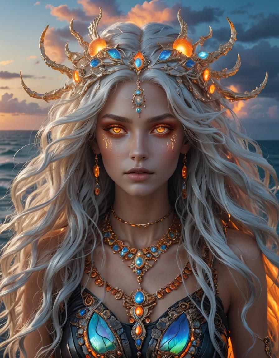 scenic picture of a atlantic goddess with iridescent hair, o...