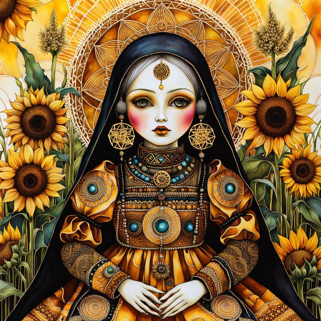 Intricately detailed alcohol ink illustration, ”Motanka”, Co...